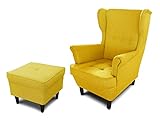 Ohrensessel Sessel King - Lounge Sessel mit Armlehnen - Retro Stuhl aus Stoff mit Holz Füßen - Polsterstuhl für Esszimmer & Wohnzimmer (Gelb (Vidar 66), mit Hocker)