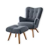 Stella Trading ARNDT Sessel mit Hocker und geknöpfter Polsterung, Steel Grey - Wohnzimmer Fernsehsessel mit Massivholz Füßen & Microvelours Bezug - 77 x 101 x 100 cm (B/H/T)