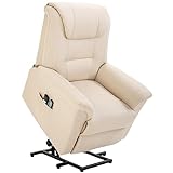 HOMCOM Sessel mit Aufstehhilfe, Elektrischer Massagesessel, Relaxsessel mit Liegefunktion, Fernsehsessel mit Seitentasche, Fernbedienung, Kunstleder, bis 150 kg, Creme