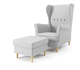 Sofini Ohrensessel Milo mit Hocker! Sessel für Wohnzimmer & Esszimmer! Skandinavisch, Relaxsessel aus Webstoff, Best Sessel! (Lux 32)