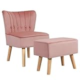 COSTWAY Sessel mit Hocker, moderner Ohrensessel, Polstersessel ohne Armlehne, Relaxsessel aus Samt, Lesesessel Loungesessel für Wohnzimmer (Rosa)