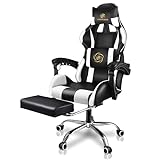 LUCKRACER Gaming Stuhl Massage mit Fußstütze Bürostuhl Massage Lendenkissen Drehstuhl Racing Armlehne PU Leder hohe Rückenlehne (weiß)
