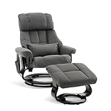 M MCombo Relaxsessel mit Hocker, Drehbare Fernsehsessel mit Liegefunktion, Moderner TV-Sessel Stuhl für Wohnzimmer, mit Kissen & Seitentasche, ohne Massagefunktion, 9066 (Grau, Mikrofaser)