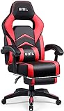 Amazon Brand - Umi Gaming Stuhl, Bürostuhl mit Fußstütze und Lendenkissen, höhenverstellbare Schreibtischstuhl, drehbar, ergonomisch, 90-135° Neigungswinkel, bis 150kg belastbar, schwarz-rot