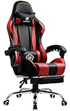 Luckracer Gaming-Stuhl mit Fußstütze, Bürostuhl mit Massage-Lendenwirbelstütze, Drehstuhl mit Armlehne im Racing-Stil, PU-Leder, hohe Rückenlehne rot