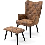AVAWING Sessel mit Hocker Ohrensessel Fernsehsessel mit Rubberwood Beinen, Relaxsessel Loungesessel für Wohnzimmer, Schlafzimmer, Büro, Mikrofaser, Gold