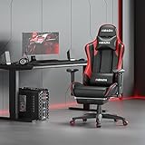 Hbada Gaming Stuhl Racing Stuhl Bürostuhl Chefsessel ergonomischer Drehstuhl Computerstuhl Kunstleder mit Fußstütze, Kopfstütze und Lendenkissen Rot