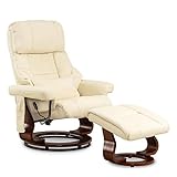 M MCombo Massagesessel mit Hocker, 360° drehbarer Relaxsessel mit Liegefunktion, moderner TV-Sessel Fernsehsessel mit Seitentasche für Wohnzimmer, Kunstleder, 9068 (Creme)