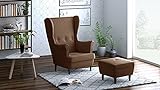 Leo Lounge Sessel mit Armlehnen, Stuhl aus Stoff mit Holz Füßen, Ohren- & armlehnensessel, Polsterstuhl, Ohrensessel, Ohrensessel groß, für Esszimmer & Wohnzimmer (Braun, Mit Hocker)