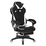 WOLTU Gaming Stuhl, höhenverstellbar Ergonomischer PC-Stuhl Schwarz+Weiß Stoff Sportsitz mit Kopfstütze, Lendenkissen und Fußstütze Racing Stil BS83ws