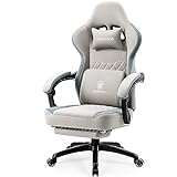 Dowinx Gaming Stuhl Stoff mit Taschenfederkissen, Massage Gaming Sessel mit Fußstütze, Ergonomischer PC Stuhl Gamer Stuhl Bürostuhl 150 kg belastbarkeit, Grau