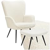 tectake® Skandinavischer Stil Ohrensessel, Sessel Hygge mit Hocker, Breitcordbezug, Sessel Wohnzimmer, Schlafzimmer, Esszimmerstuhl, Statement Loungesessel, belastbar bis 150 kg - Bouclé creme/schwarz