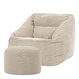 Icon Riesen Sitzsack Sessel „Morgan“ mit Sitzpuff, Beige, Cord XXL Sitzsack Erwachsene mit Füllung für das Wohnzimmer, Riesensitzsack XXL Flauschig Cord