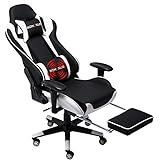 NOKAXUS Gaming-Stuhl Bürostuhl Größe hohe Rückenlehne ergonomischer Rennsitz mit Massage Lendenwirbelstütze und einziehbarer Fußstütze PU-Leder 90-180 Grad Anpassung der Rückenlehne （Yk-6008-white