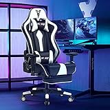 KCREAM Gaming Stuhl Computerspiel Stuhl mit Fußstütze Racing Stuhl Drehstuhl Bürostuhl Chefsessel Ergonomischer PC Schreibtischstuhl mit Kopfstütze und Unterstützung Lendenkissen(White)
