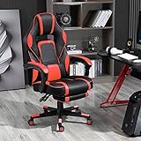 AJS Computer Gaming Stuhl mit Fußstütze Ergonomie verstellbare Drehstuhl Extra Hoherückenlehnen Schreibtischstuhl für Erwachsene und Jugendliche (Rot)…